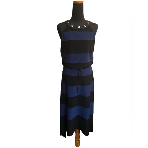 WHITE HOUSE BLACK MARKET Color Block Black Noble Blue Maxi Dress Size Small EUC - Picture 9 of 14